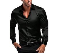 Chemises en coton pour homme - Chemise blanche - Cadeau d'anniversaire - Couleur unie - Simulation de soie satinée brillante - Chemise pour homme avec élastique à manches longues, Noir , M