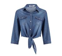 Chemises en jean pour femme - Taille à nouer - Manches 3/4 - Chemise en jean avec nœud - Veste courte boutonnée - Chemisier en jean pour femme - T-shirt décontracté à revers bleu - Tunique tendance,