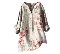 Chemises en lin 2025 pour femme - Confortables - Boutonnées - En coton - Asymétrique - Coupe ample - Manches 3/4 - Col en V - T-shirt fluide à manches longues - Gaze d'automne graphique, Rouge, 3XL