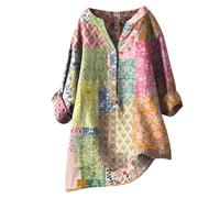 Chemises en lin 2025 pour femme - Confortables - Boutonnées - En coton - Asymétrique - Coupe ample - Manches 3/4 - Col en V - T-shirt fluide à manches longues - Gaze d'automne graphique, multicolore