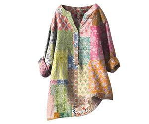Chemises en lin 2025 pour femme - Confortables - Boutonnées - En coton - Asymétrique - Coupe ample - Manches 3/4 - Col en V - T-shirt fluide à manches longues - Gaze d'automne graphique, multicolore