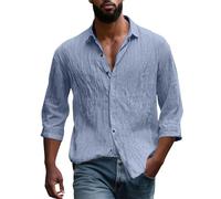 Chemises en lin à manches longues pour homme - Hauts boutonnés - Amples - Décontractés - T-shirts de plage respirants - Pour le printemps, bleu, XXL