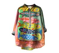 Chemises en lin de coton à boutons pour femmes - Chemises amples et fluides avec col à revers et imprimé artistique vintage en forme de poisson - Manches longues - Hauts décontractés et chemisiers