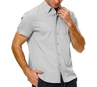 Chemises en Lin De Couleur Solide des Hommes Chemises à Bouton à Manches Courtes avec De La Poche Chemise De Plage DéContractéE à Col éTalé (Gris,M)