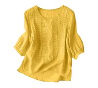 Chemises en Lin pour Femmes, Style rétro, Broderie, Ample, Manches 3/4, Tuniques décontractées, Style bohème, été Chemises Boutonnées en Soie pour Femmes Longues (Yellow, M)