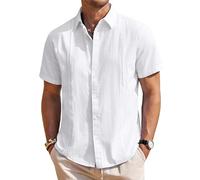 Chemises en lin pour hommes à manches courtes - Chemise boutonnée décontractée guayabera cubaine légère pour l'été - Top uni pour la plage, blanc, Taille 5XL
