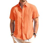Chemises en lin pour hommes à manches courtes - Chemise boutonnée décontractée guayabera cubaine légère pour l'été - Top uni pour la plage, orange clair, Taille L