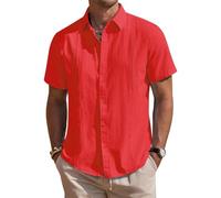 Chemises en lin pour hommes à manches courtes - Chemise boutonnée décontractée guayabera cubaine légère pour l'été - Top uni pour la plage, Rouge, Taille 4XL
