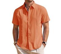 Chemises en lin pour hommes à manches courtes - Chemise boutonnée décontractée guayabera cubaine légère pour l'été - Top uni pour la plage, orange clair, Taille 4XL