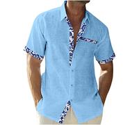 Chemises en Lin pour Hommes Manches Courtes col Montant Chemises Boutonnées Chemise de Affaires Coupe Ample Chemisier de Plage Classique Bloc de Couleurs Haut Blouse Regular Fit Haut Tops Pas Cher