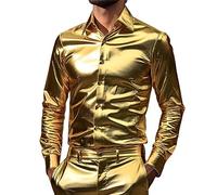Chemises en soie pour hommes décontracté à manches longues Flip Patchwork couleur imprimé chemise haut à manches longues pour hommes, doré, L