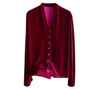 Chemises en velours pour femme - Style rétro - Manches longues - Col en V - Manches longues - Coupe droite - Élégante fête, soirée, mariage, A15-rouge., 3XL