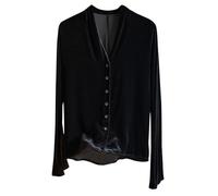 Chemises en velours pour femme - Style rétro - Manches longues - Col en V - Manches longues - Coupe droite - Élégante fête, soirée, mariage, A15 - Noir, L