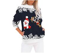 Chemises Femme Imprimé Noël Pull Christmas Moche Sweat sans Capuche Ample Mode Automne Hiver Chemisier Femme Manches Longues Col Rond Sweatshirt Femme Grande Taille Pullover avec Poches