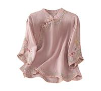 Chemises Femmes en Lin et Coton Brodé T-Shirt Manches Courtes Chic été Blouse élégant Boutons loral Cours Femmes Grande Haut de Décontracté Tunique Couleur Unie Col en V Ample Fluide