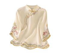 Chemises Femmes en Lin et Coton Brodé T-Shirt Manches Courtes Chic été Blouse élégant Boutons loral Cours Femmes Grande Haut de Décontracté Tunique Couleur Unie Col en V Ample Fluide