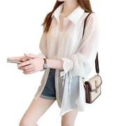 Chemises Fines en Mousseline de Soie for Femmes, Perspective d'été, Chemise Soleil coréenne Solide, Haut for Femme, vêtements Protection Solaire pour Tenue décontractée Quotidienne(White,M)