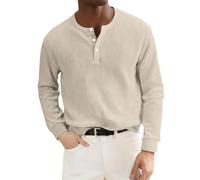Chemises grandes et hautes pour homme - Chemise à manches longues et col rond boutonnée - Chemisier ample décontracté - Couleur unie - Tricot côtelé - Haut basique de yoga à manches longues, beige