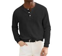 Chemises grandes et hautes pour homme - Chemise à manches longues et col rond boutonnée - Chemisier ample décontracté - Couleur unie - Tricot côtelé - Haut basique de yoga à manches longues, Noir
