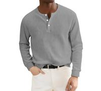 Chemises grandes et hautes pour homme - Chemise à manches longues et col rond boutonnée - Chemisier ample décontracté - Couleur unie - Tricot côtelé - Haut basique de yoga à manches longues, gris, M