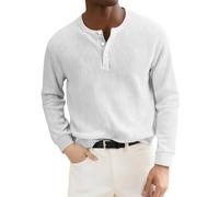 Chemises grandes et hautes pour homme - Chemise à manches longues et col rond boutonnée - Chemisier ample décontracté - Couleur unie - Tricot côtelé - Haut basique de yoga à manches longues, blanc, M