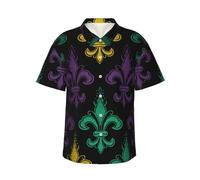 Chemises hawaïennes boutonnées pour homme - Chemise décontractée 3D Fleur de Lis Mardi Gras - Chemises d'été de plage - Chemises florales pour vacances, noir, L-4XL