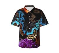 Chemises hawaïennes boutonnées pour homme - Chemises décontractées avec papillon sur une belle fleur - Chemises d'été de plage - Chemises florales pour vacances, noir, XL-4XL