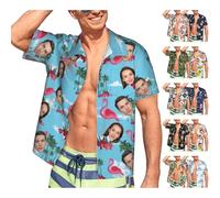 Chemises Hawaïennes Personnalisées avec Visage Chemises Boutonnées décontractées Personnalisées Chemise de Plage à Manches Courtes Chemises à Fleurs Tropicales et Feuilles de Palmier pour Hommes