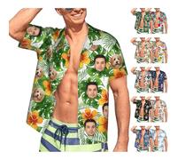 Chemises Hawaïennes Personnalisées avec Visage Chemises Boutonnées décontractées Personnalisées Chemise de Plage à Manches Courtes Chemises à Fleurs Tropicales et Feuilles de Palmier pour Hommes