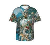 Chemises hawaïennes pour homme - Chemise d'été à manches courtes boutonnée pour homme Motif crâne d'île vintage, Noir/blanc, L