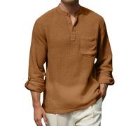 Chemises Henley en coton pour homme à manches longues - Chemise boutonnée pour homme, coupe droite, chemise de plage de couleur unie avec poche, chemise légère et ample décontractée en coton et lin