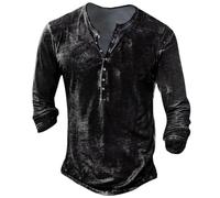 Chemises Henley Vintage en détresse pour Hommes T-Shirts rétro à Manches Longues T-Shirts décontractés boutonnés délavés pour Hommes (Noir,XL)