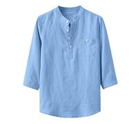 Chemises Homme Baggy Coton Lin Solide Manches Trois Quarts Poche Col Montant (XL,Bleu)