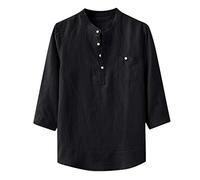 Chemises Homme Baggy Coton Lin Solide Manches Trois Quarts Poche Col Montant (XL,Noir)
