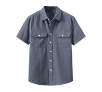 Chemises Homme Coton Manche Courte Col Montant Chemise Randonnée Homme Multipoches Boutonnée Couleur Unie Chemisette Extérieur Respirante Casual Mode Ample Léger Et Mince Confortable Shirt
