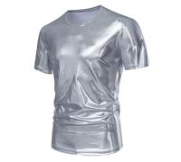 Chemises métallisées dorées brillantes pour homme - En cuir synthétique - T-shirt sexy des années 70 et 80 - Costume disco à paillettes - Haut moulant - Tenue de fête, argenté, L