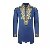 Chemises musulmanes pour homme - Col montant - Chemise traditionnelle avec impression dorée - Style national - Tribal Dashiki - Chemise africaine métallique dorée - Vêtement indien, T1 bleu., XL