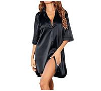 Chemises Nuit Femme Pyjama Satin Nuisette Col V Manches 3/4 Bouton vers Bas Robe Nuit Couleur Solide Lâche Chemise De Nuit Longue