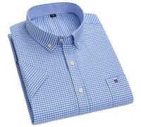 Chemises Oxford À Manches Courtes pour Hommes - Chemise Classique Boutonnée Bleue À Petits Carreaux en Coton pour Affaires Décontractées, Grande Taille, Poche Unique, Vêtem
