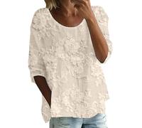 Chemises pour femmes à manches courtes T-shirt imprimé à manches mi-longues col rond T-shirt à manches 3/4 T-shirt ample grande taille hauts col rond, jaune clair, XL
