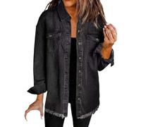Chemises pour femmes décontractées 2025 Hauts tendance à manches longues en denim lavé Veste à col squelette à manches longues pour femmes Chemise en jean décontractée pour femmes, Noir , XL