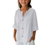 Chemises pour filles en coton et lin printemps et col en V à manches longues chemises boutonnées pour les vacances plage chemises décontractées unies boutons strass, Blanc., 13-14 ans
