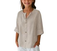 Chemises pour filles en coton et lin printemps et col en V à manches longues chemises boutonnées pour les vacances plage chemises décontractées unies boutons strass, beige, 7-8 ans