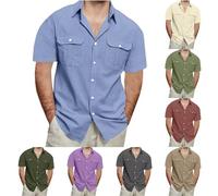 Chemises pour homme à double poches - Haut cargo à manches courtes - 2025 - Boutonné - Couleur unie, bleu, XXL