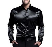 Chemises pour homme brillantes, en satin brillant, à manches longues, sans plis, avec boutons, avec col à revers, coupe ajustée, pour discothèque, fêtes, bals et smoking, Noir , Large