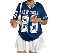 Chemises surdimensionnées en jersey pour femme avec col en V et chiffres rayés, t-shirt décontracté streetwear Y2k, bleu/blanc, Taille M