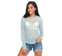 Chemises transparentes pour femmes, rayures bleues pastel, abstrait, côtière, plage, été, haut à manches longues en maille, transparent, taille S, Pastel Bleu Rayures Abstrait Côtier Plage Été, S