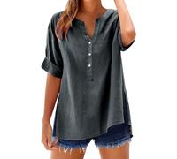 Chemisier à col montant à manches longues pour femme | Haut en coton uni sang de bœuf adapté aux lots multiples - Haut décontracté pour femme à porter au quotidien, gris foncé, 3XL