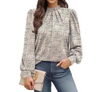 Chemisier à col montant, devant plissé, manches bouffantes, coupe ample, chemise, pull, tunique, haut, vêtements d'automne décontractés, chemisier avec détail plissé à l'avant pour femme, manches