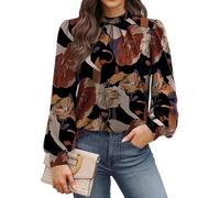 Chemisier à col montant, devant plissé, manches bouffantes, coupe ample, chemise, pull, tunique, haut, vêtements d'automne décontractés, chemisier avec détail plissé à l'avant pour femme, manches